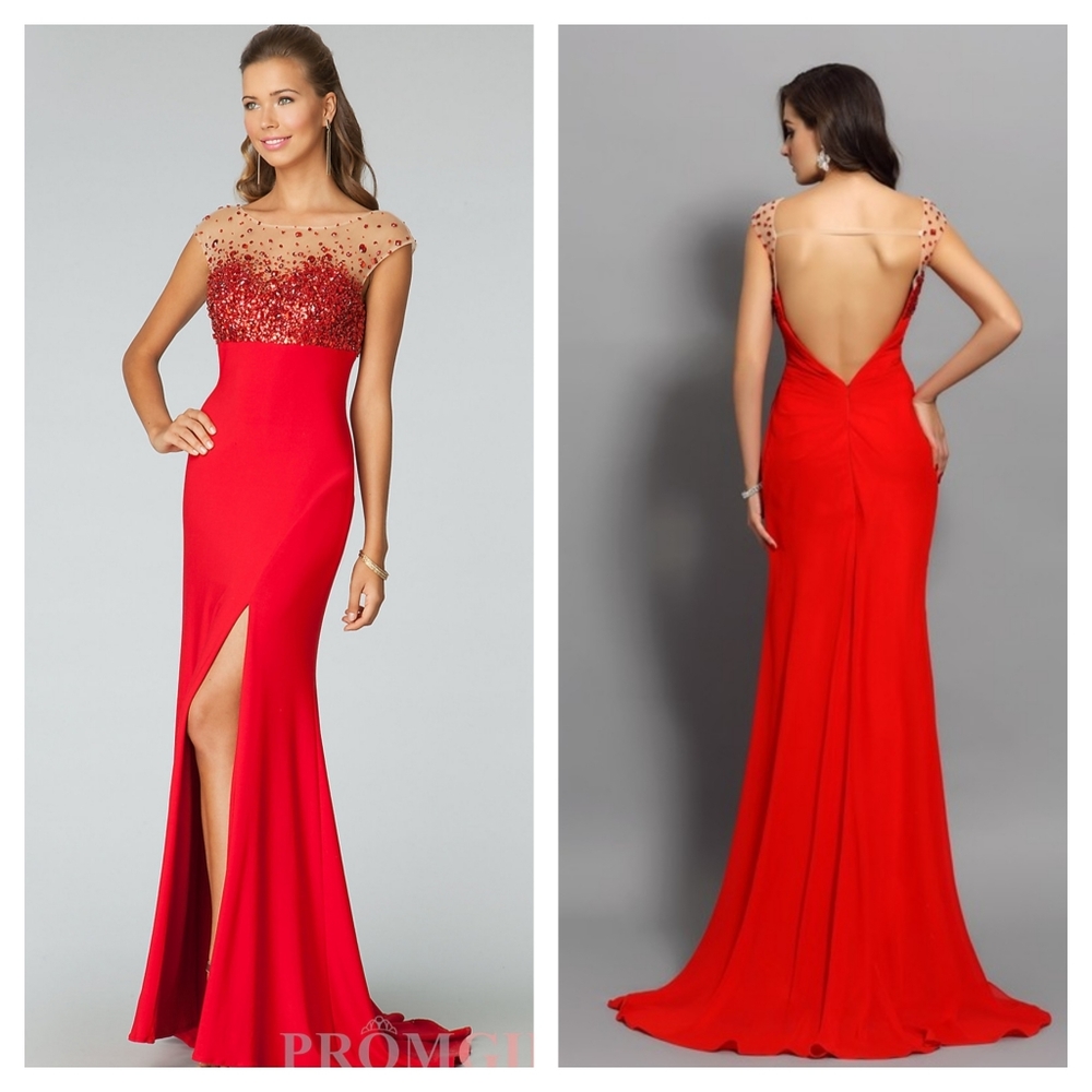 Jovani Red Illusion Neck Embelished Gown 93481